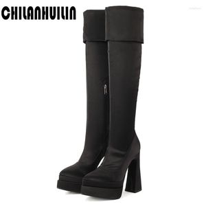 Boots Pointed Toe Sexy Over The Knee High For Women Thick Platform Heels Zipper Red Black Satin Shoes Woman Riding