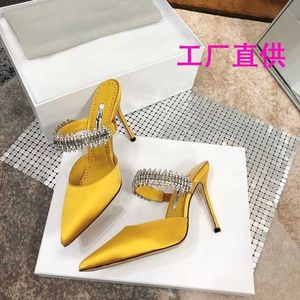 Sandals High face value foreign style high-grade super soft satin high-heeled Baotou slippers pointed rhinestone sandals flat muller shoes