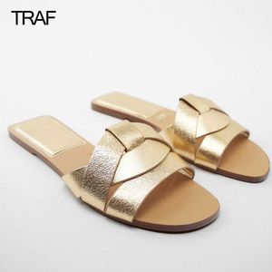 Sandals TRAF Summer 2022 Women's Flat Slippers Sandals Gold Flat Criss-Cross Leather Slider Sandals Woman Luxury Slingback Shoes T2302