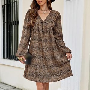 Casual Dresses Plus Size Leopard Print Mini Dress Fashion V Neck Long Sleeve Streetwear Beach Holiday Loose Elegant Pullover Vestidos