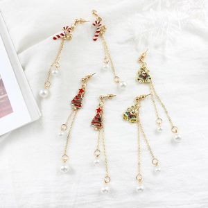 Dangle Earrings Sweet Christmas Series Tree Stars Bells Candy Cane Hanging Metal Long Chain White Imitation Pearl Pendant