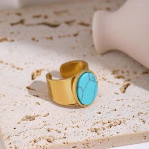 Cluster Rings Stainless Steel Blue Natural Stone Turquoise Opening Ring Adjustable Golden 18K Plated For Women Jewelry Gift