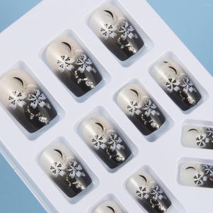 False Nails Black Flowers 3D Press-on Nail Tips Design 1 Box 24 Pieces 10 Sizes Adhesive Included Short Length Fake