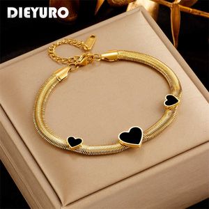 Link Chain DIEYURO 316L Stainless Steel Black Green Heart Charm Bracelet For Women New Trend Flat Snake Wrist Chain Jewelry Birthday Gifts G230208