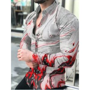 Erkekler üst gömlek Sonbahar Blusa Casual Polka Uzun Kollu Bluse Moda Bahar Sonbahar Bluz Erkekler Haldigan Hawaiian Printed Gömlek Düğmesi Aşağı Bluz