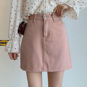 Saias mulheres jeans sólidos mini saia elástica de alta cintura uma linha simples de verão de verão de verão, lazer rosa fofo