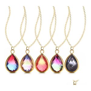 Pendanthalsband Rainbow Gradient Color Teardrop Glass Crystal f￶r kvinnor Guldpl￤tering Anpassningsbar modevattendropp Halsbandsmycken Dhobd