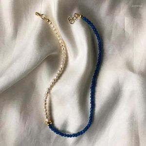 Чокер женщин творческий дизайн натуральный жемчужный ожерелье ручной работы синие камни асимметричные украшения 2023 летние аксессуары для шарма в ретро