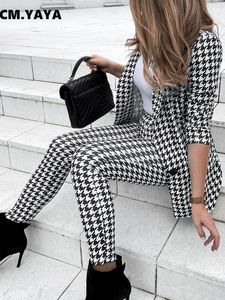 Womens Two Piece Pants Cmyaya Houndstooth Office Lady Suit and Blazer Topps Matching 2 Set Elegant Women Tracksuit Outfits Sweatsuit 230209