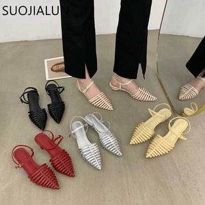 New Pointed Sandals Women SUOJIALUN 2022 Brand Toe Sandal Fashion Narrow Band Hollow Out Slingback Shoes Round Low Heel Eelgant Pumps T230208 512