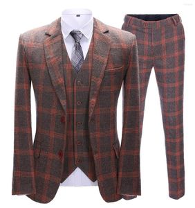 Herrdräkter 2023 Style Mens Three-Pieces Orange Plaid Tuxedo Casual Fashion Blazer Groomsmen For Wedding (Blazer Vest Pants)