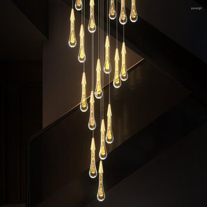 Lampy wiszące nowoczesne kryształowy żyrandol LED dupleks strych spiralny schodowy oświetlenie wnętrze kreatywne woda kropla złota