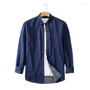 Männer Casual Hemden Männer Langarm Solide Blau Denim Frühling Herbst Tasche Hemd Baumwolle Koreanische Mode Jean Tops Kleidung