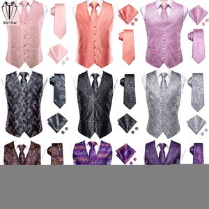 Mens Vests Hitie Brand Silk Gray Black Gold Navy Blue Red Burgogne Jacquard Waistcoat Jacket Slipsan Hanky ​​Cufflinks For Men 230209