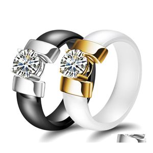 Pierścienie zespołu biała czarna ceramika plus cyrkonia sześcienna dla kobiet złoty kolor stalowej pierścionka ślubnego biżuterii Dhevu Dhevu
