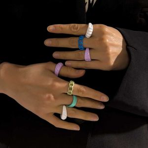 Solitaire Ring New Fashion Colorful Dripping Oil Geometric Chain Open Rings Set for Women Girls Candy Color Hand-painted Knuckle Jewelry Y2302