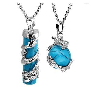 Colares pendentes 2 PCs Silver banhado chinês Dragon Wrap Blue Turqueises Cylinder Ball Mertes Jóias opalitas opalas Opalite