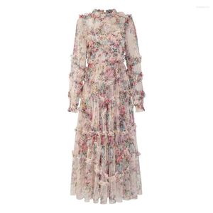 Casual Dresses Frege & Chatte Elegant Summer Dress Long Lantern Sleeve Mesh Floral Print Cascading Ruffle Vacation Wedding Party Maxi