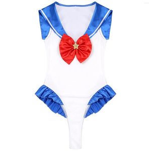 Sexy Costumes Womens Sailor Collar Costume Sleeveless Frilly Leotard Halloween Cosplay Fancy Dress Ball Uniform Bowknot Bodysuit