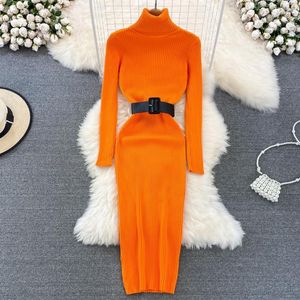Casual Dresses Slim Turtleneck Autumn Bodycon Knitted Cotton Sweater Long Dress Winter Party Women Sheath Warm Tunic Vestidos With Belt