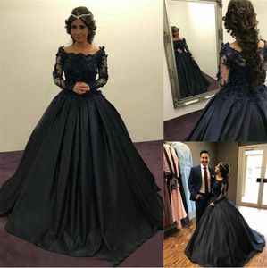 New Prom Party Gown Woman Lady Girl Formal Applique Evening Dresses A Line Long Sleeve Scoop Satin Black Custom