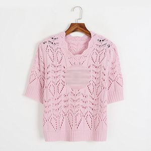 203 2022 Runway Spring Summer Women Sweater Pink Apricot m￤rke samma stil tr￶ja Kort ￤rm Crew Neck Fashion Clothes Qian889
