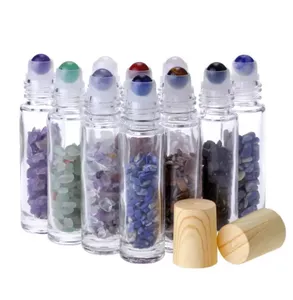 100pcs 10ml Essential Oil Diffuser Clear Glass Roll on Perfume Bottles with Crushed Natural Crystal Quartz Stone Crystal Roller Ball Wood Grain Cap