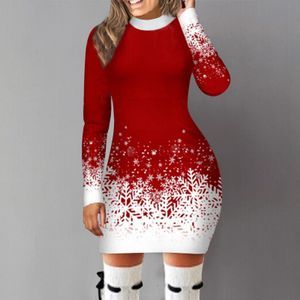 Casual Dresses Christmas Dress Women Long Sleeve Round Neck Snowflake Print Bodycon Dress Xmas Party Elegant Ladies Slim Dress Vestidos 230210