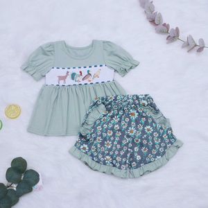 Conjuntos de roupas 18t Meninas de menina sedos de verão com fofas de desenho animado bordado de pássaro de pato bordado de pato de pato verde calças de floresta curta quente w230210