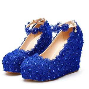 Blue Pink Lace Wedding Bride Shoes Wedge Heel Single Lady Shoes With Ankle Straps Platform Women Pumps Party Prom High Heels Storlek 10