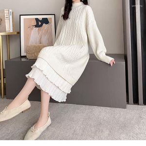 Casual Dresses Women's Woolen Dress Mid Long Sleeve Over the Kne Lazy Wind Loose Patchwork Pullovers Tröja Kvinnor