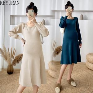 Maternity Dresses 2023 Autumn Winter Knitted Dress Pregnant Elegant Long Sleeve Square Neck Basic Sweater Pragnancy Vestidos