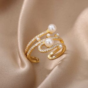 Anello solitario Nuovo in zircone Perle d'imitazione s Per le donne Acciaio inossidabile Apertura regolabile Estetica Matrimonio Gioielli regalo di Natale Y2302