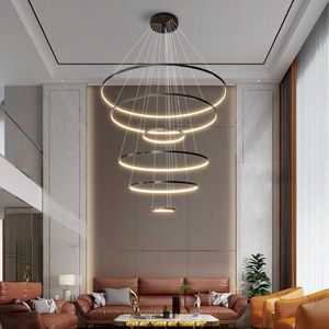 Luces de techo Nordic 6 Ring Led Chandelier Regulable para Escalera Mesa Comedor Sala de estar Dormitorio Lámpara colgante Decoración Iluminación Lustres Accesorio 0209