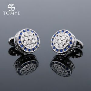 Cuff Links Tomye Men's高品質のフレンチシャツラウンドホローブルークリスタルカフリンクスビジネスウェディングラグジュアリージュエリーファッションXK18S026 230210