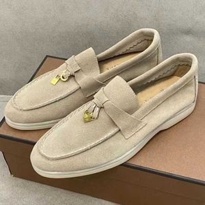 Designer Loropiana skor loafer för kvinnor med läder platt botten lat och utländsk stil singel penny låg topp