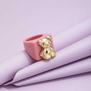 Solitaire Ring 2023 New INS Cute Cartoon Resin Acrylic Bear Metal Rings For Women Girls Candy Color Aesthetic Square Wholesale Jewelry Y2302