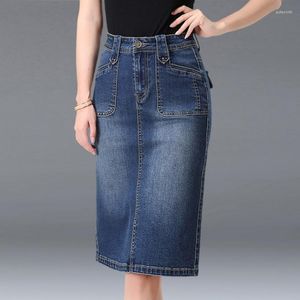 Röcke Frühling Herbst Hohe Taille Zurück Split Damen Denim Mode Knielangen Slim Fit Weibliche Bleistift Wrap Elegante Rock