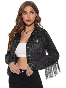 Kvinnor fransar jackor smala lapel nacke gr￶da denim jacka tassel casual knapp fr￤mre jean jackor kort