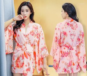 Ethnische Kleidung sexy japanische Bademantel Kurzes Chiffon Kimono Frau bedrucktes Uniform großer Dienstmädchen Außenkleid für Dame