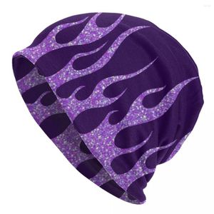 Berets Purple Glitter Flames Skullies czapki czapki zimowe ciepłe kobiety mężczyźni dzianina kapelusz unisex dla dorosłych vintage ogień estetyczny czapki maski estetyczne