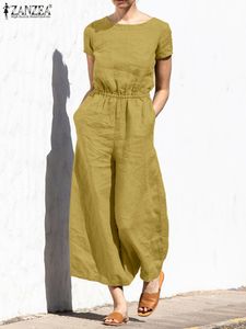 Damen-Overall, Strampler, Damen, kurzärmelig, solide, lockere Overalls mit weitem Bein, ZANZEA, modischer Sommer-Strampler, elastische Taille, lange Playsuits, lässige Overalls 230210