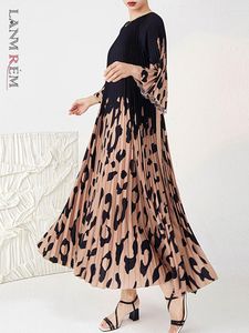 Casual Dresses LANMREM Contrast Color Pleated Dress For Women Leopard Print O-neck Flare Sleeves Fashion Female Clothes 2023 Summer 2YA174