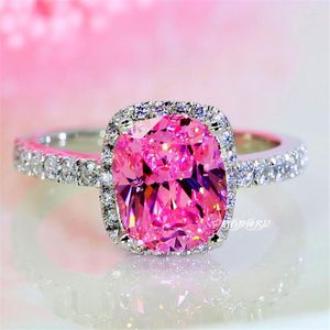 Wedding Rings Luxury Female Girl Princess Pink Stone Ring Boho Silver Color Band Promise Love Engagement For Women