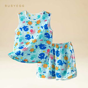 Completi di abbigliamento Pigiama di seta per bambini blu oceano ragazzi 2022 pantaloncini con scollo tondo pantaloncini da casa vestito sciolto estate sottile per bambini homewear set W230210