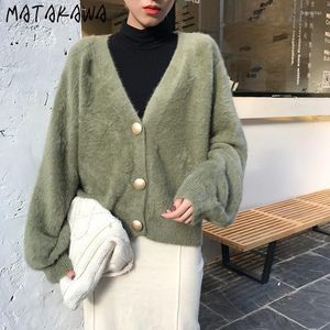 Damenstrick Matakawa Koreanische Mode Strickjacken Frauen Tops V-Ausschnitt Solide Herbst Winter Chaquetas Einreiher Süße Pullover