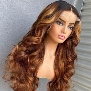 Ombre Honey Blonde Pre -Stucked HD Transpirunt Body Fave Frontal Human Hair Peruki dla czarnych kobiet Podkreśla niewidzialne zamknięcie