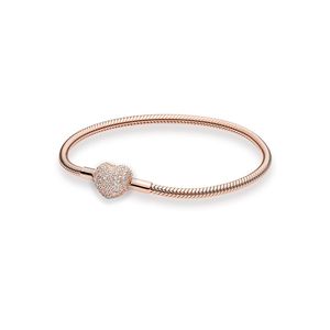 Rose Gold Love Hearts Pave Charm Bracelet with Original Box for Pandora Authentic Sterling Silver Wedding Jewelry For Women Snake Chain Charms Beads Bracelets