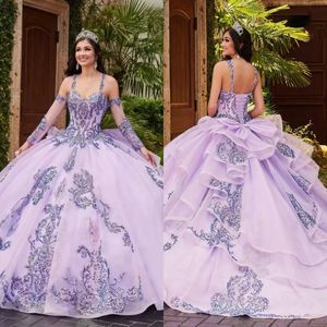 2023 Sparkle paljett lavendel quinceanera klänningar bollklänningar dubbla remmar med avtagbara ärmar plus storlek formell prom BC15049 GW0210