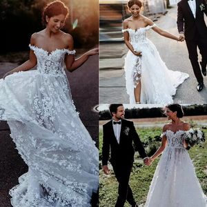 2023 Bohemian Bridal Gowns Off The Shoulder Lace 3D Floral Appliques A Line Beach Wedding Dress Sweep Train Bhoh Wedding Dresses